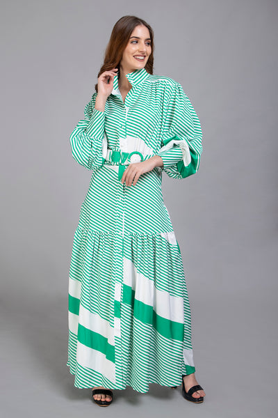 Contemporary Diagonal Stripe Print Dress in White and Green - Vz Collection