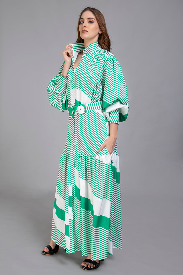 Contemporary Diagonal Stripe Print Dress in White and Green - Vz Collection