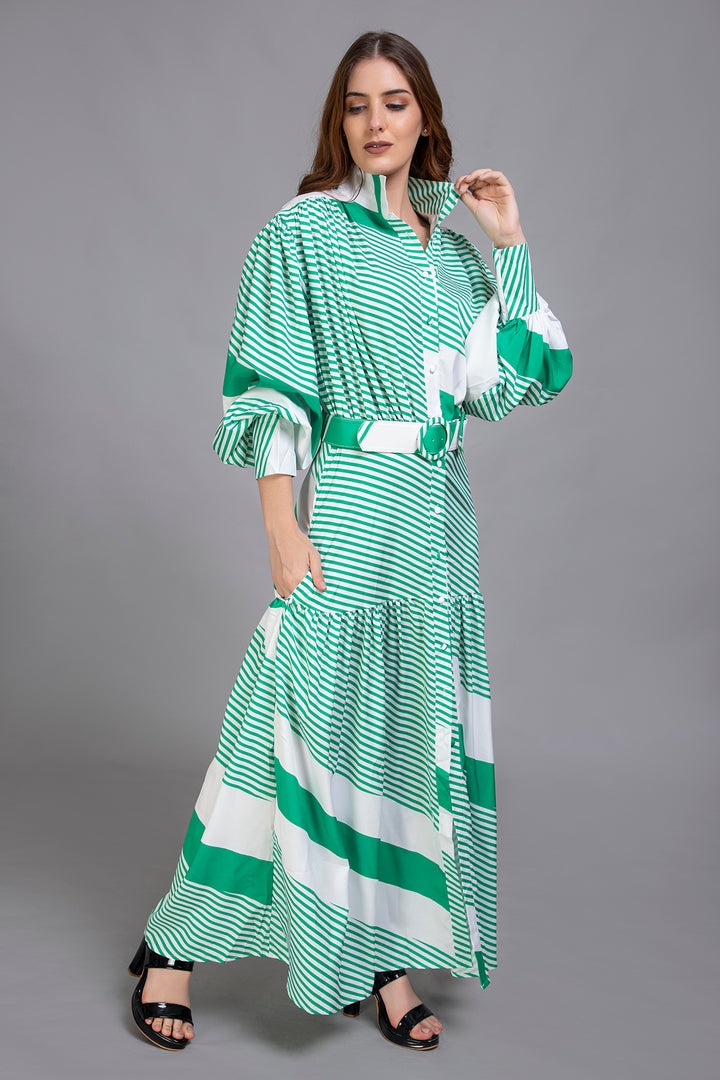 Contemporary Diagonal Stripe Print Dress in White and Green - Vz Collection
