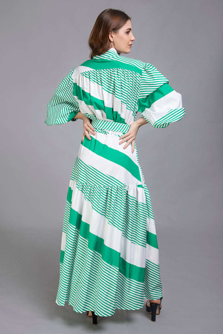 Contemporary Diagonal Stripe Print Dress in White and Green - Vz Collection