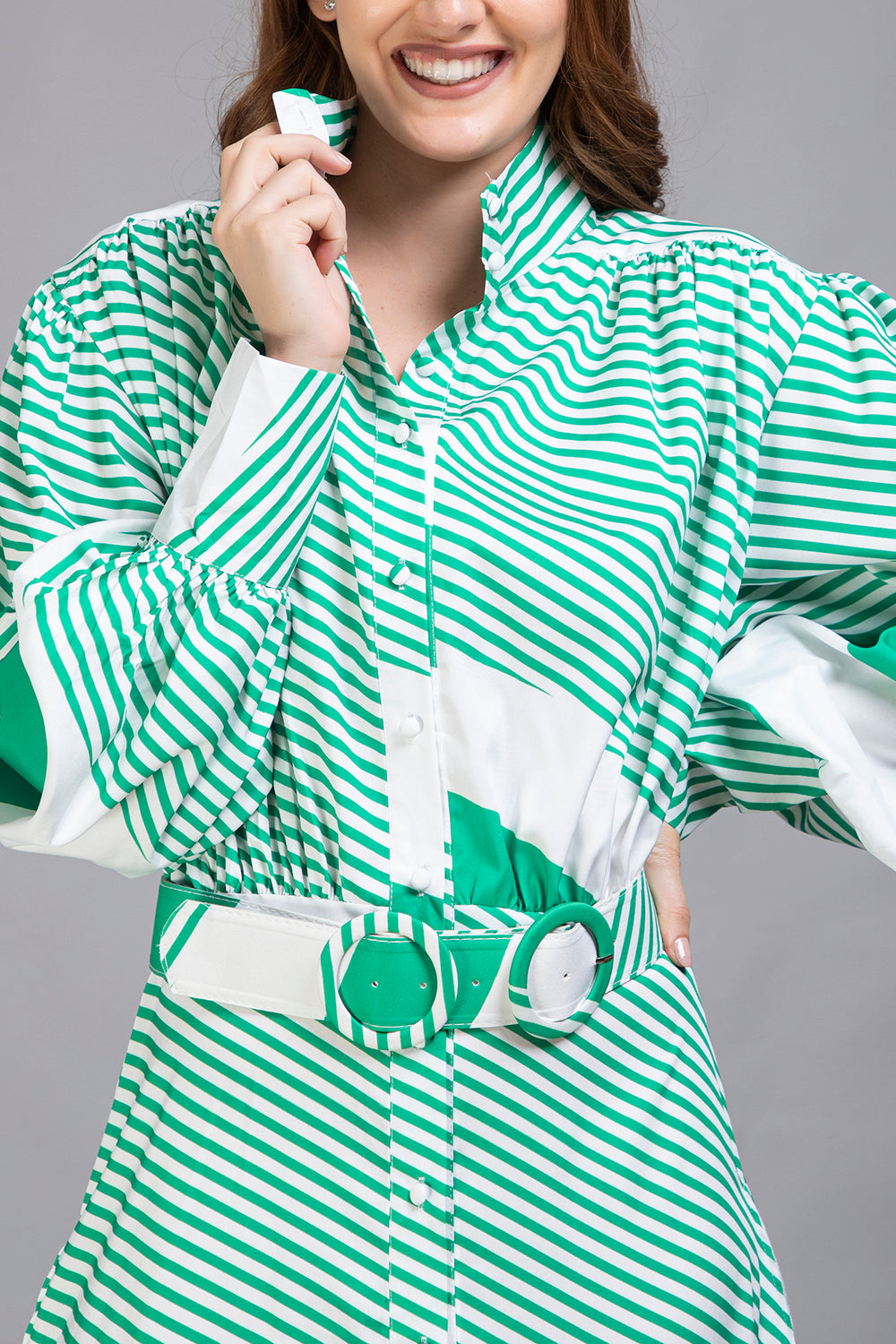 Contemporary Diagonal Stripe Print Dress in White and Green - Vz Collection