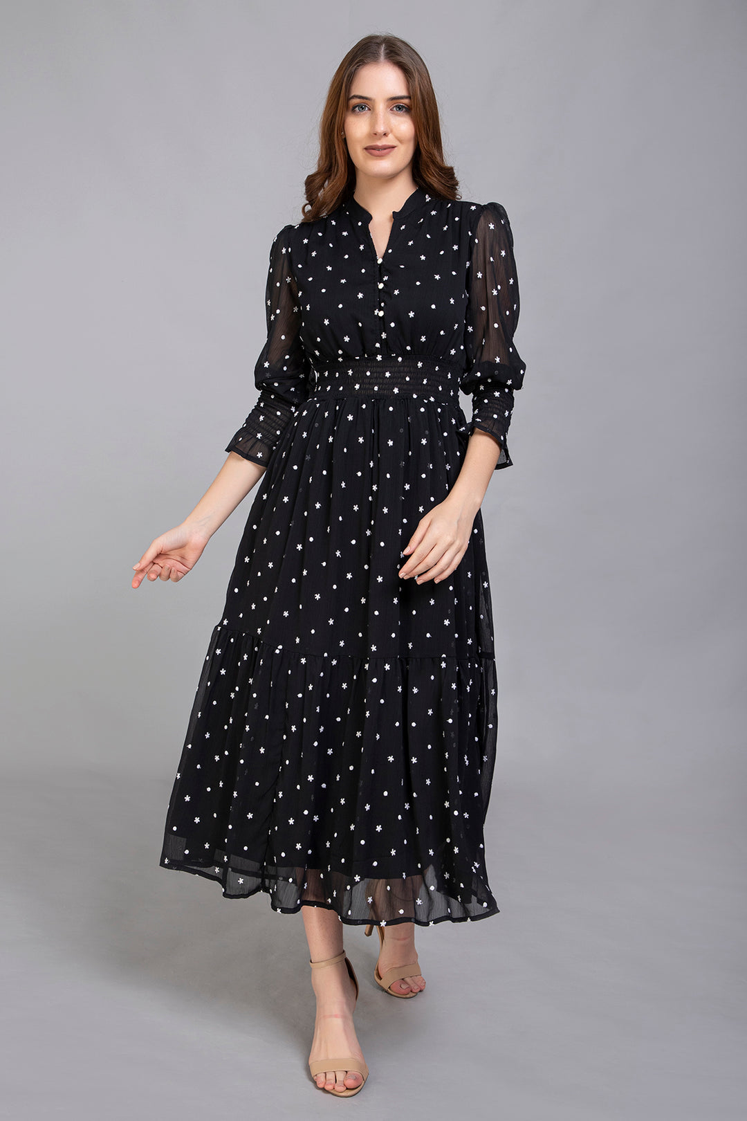 Black Dress with Embroidered White Flowers - Main Image