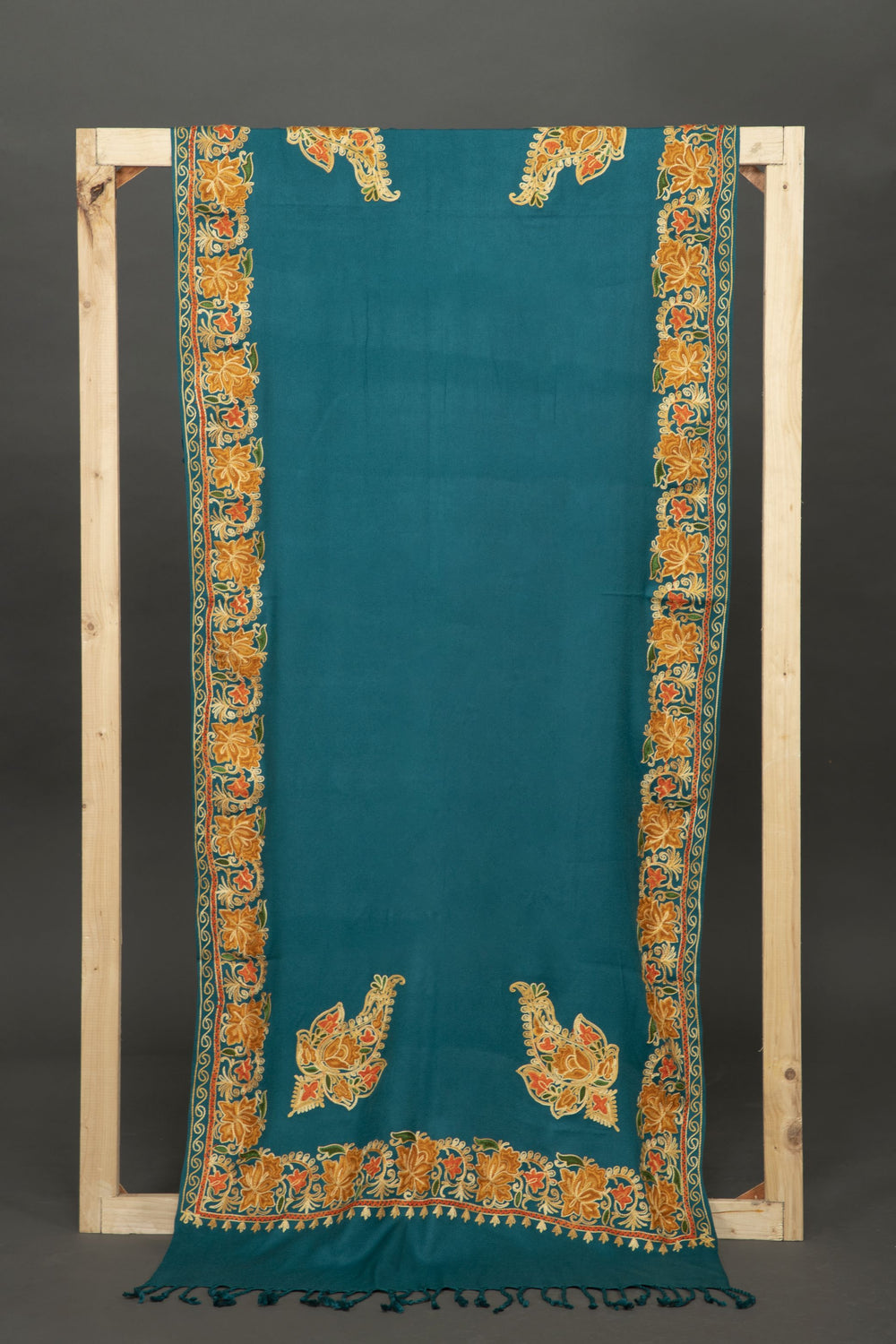 Hand Embroidered Woolen Indian Shawl in Teal - Vz Collection