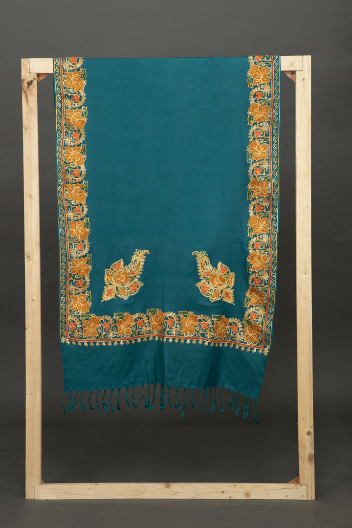 Hand Embroidered Woolen Indian Shawl in Teal - Vz Collection
