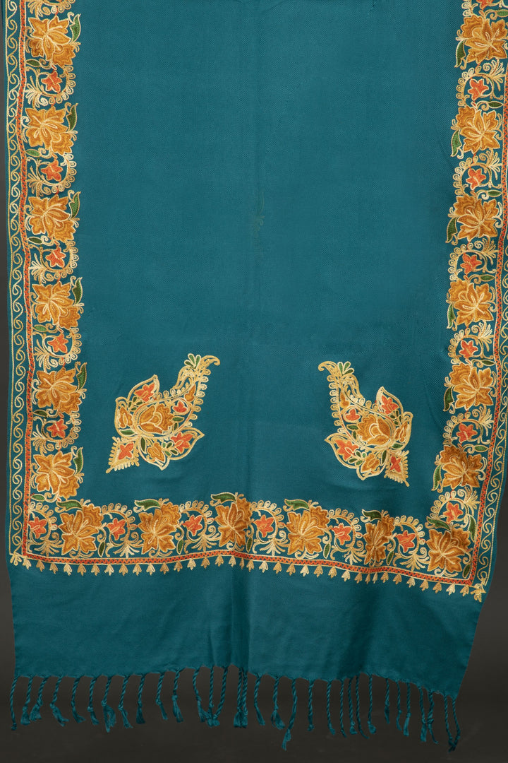 Hand Embroidered Woolen Indian Shawl in Teal - Vz Collection