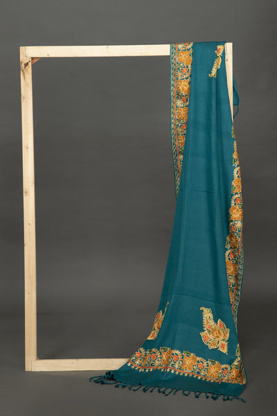 Hand Embroidered Woolen Indian Shawl in Teal - Vz Collection
