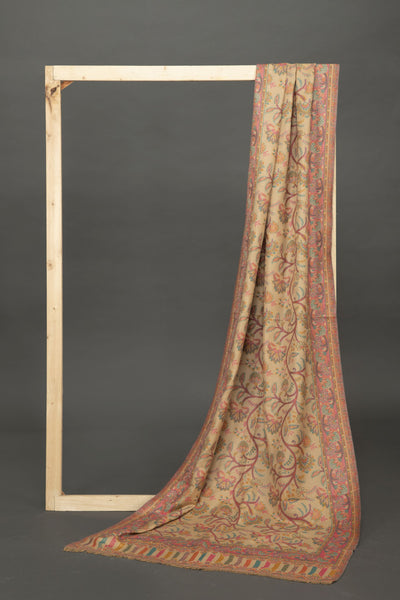 Hand Woven Silk Pashmina in Nude with Pink and Green Floral Pattern - Vz Collection