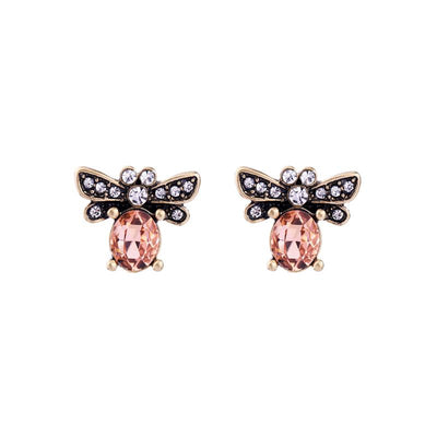 Peach Crystal Bee Earrings in Antique Gold - Vz Collection