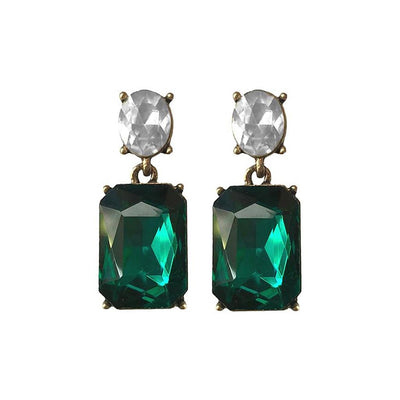 Emerald Gem with Clear Crystal Earrings in Antique Gold - Vz Collection