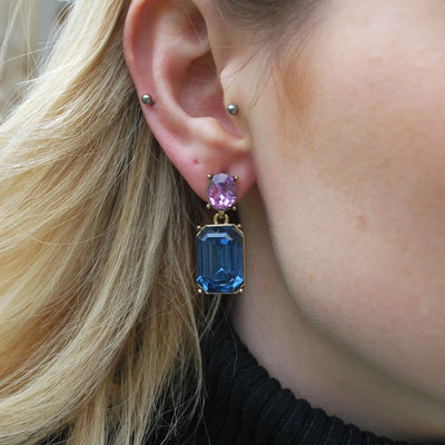 Midnight Blue Gem with Pink Crystal Earrings in Antique Gold - Vz Collection
