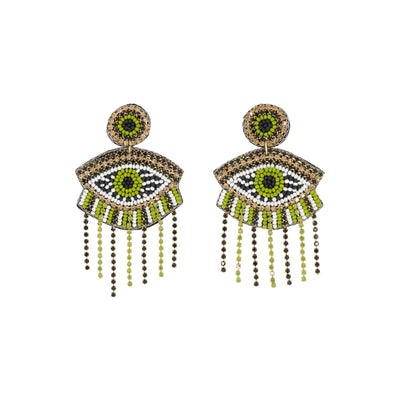 Green & White Beaded Eye Statement Earrings - Vz Collection