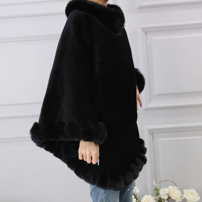 Faux Fur Poncho with Fluffy Faux Fur Edging - Vz Collection