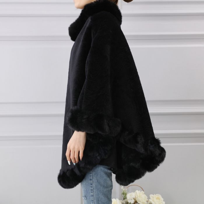 Faux Fur Poncho with Fluffy Faux Fur Edging - Vz Collection