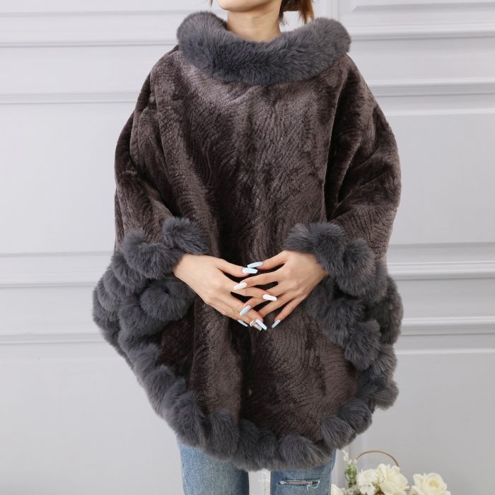 Faux Fur Poncho with Fluffy Faux Fur Edging - Vz Collection