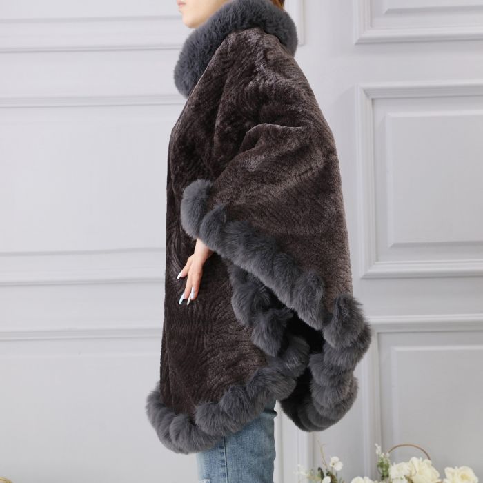Faux Fur Poncho with Fluffy Faux Fur Edging - Vz Collection