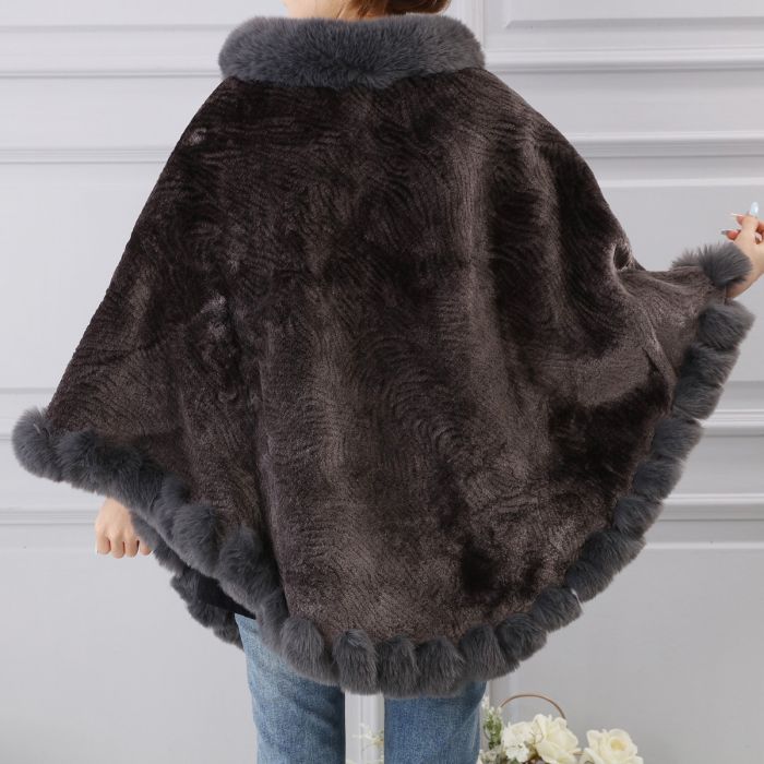 Faux Fur Poncho with Fluffy Faux Fur Edging - Vz Collection