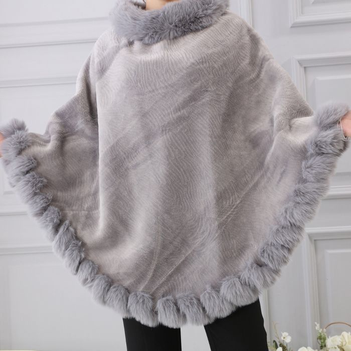 Faux Fur Poncho with Fluffy Faux Fur Edging - Vz Collection