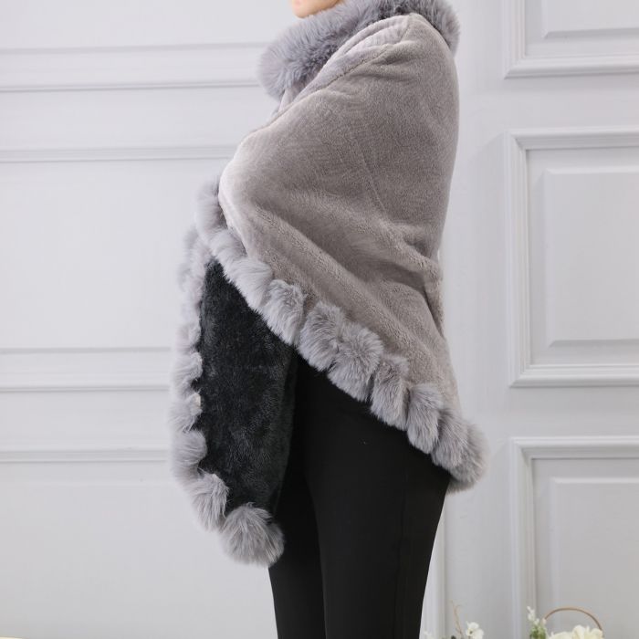 Faux Fur Poncho with Fluffy Faux Fur Edging - Vz Collection