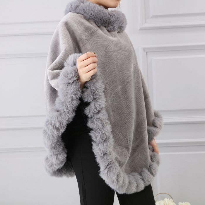 Faux Fur Poncho with Fluffy Faux Fur Edging - Vz Collection