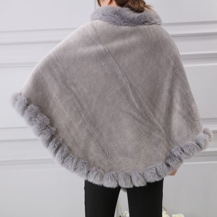 Faux Fur Poncho with Fluffy Faux Fur Edging - Vz Collection