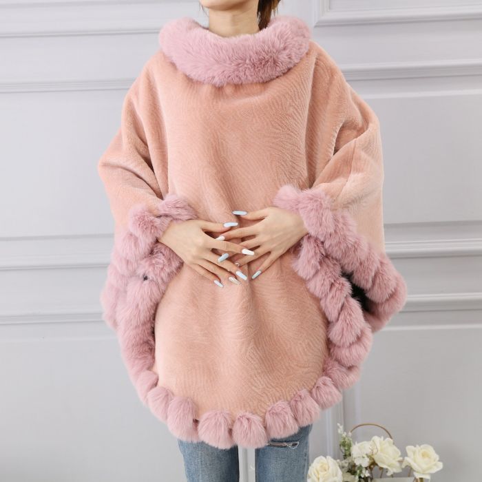 Faux Fur Poncho with Fluffy Faux Fur Edging - Vz Collection