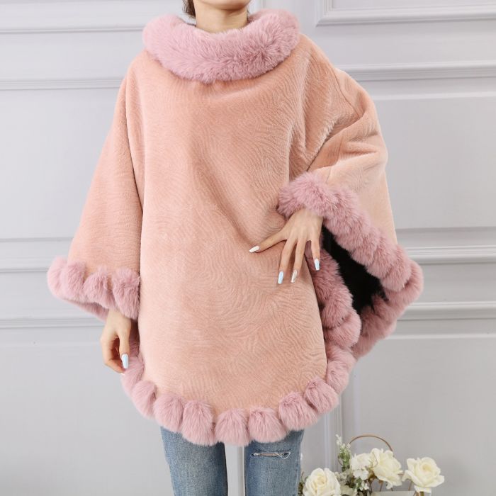 Faux Fur Poncho with Fluffy Faux Fur Edging - Vz Collection