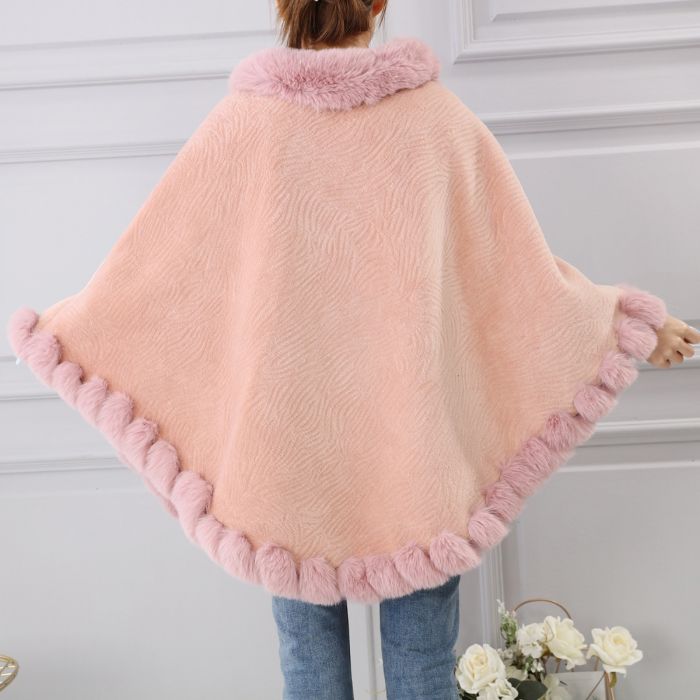 Faux Fur Poncho with Fluffy Faux Fur Edging - Vz Collection