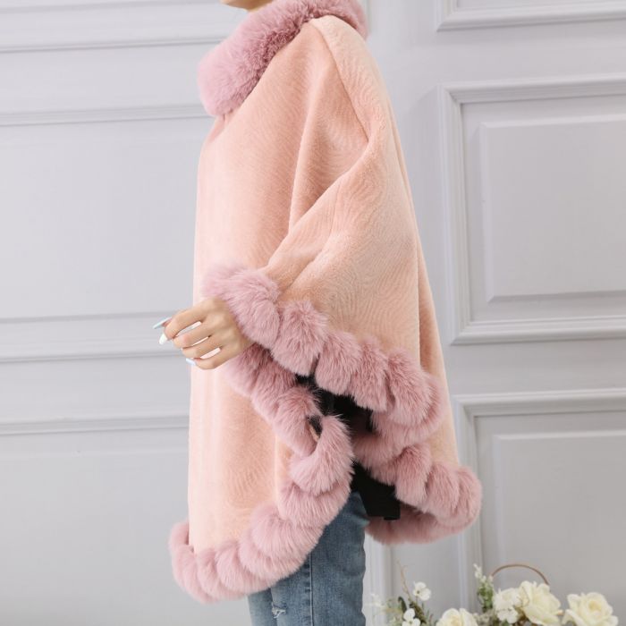 Faux Fur Poncho with Fluffy Faux Fur Edging - Vz Collection
