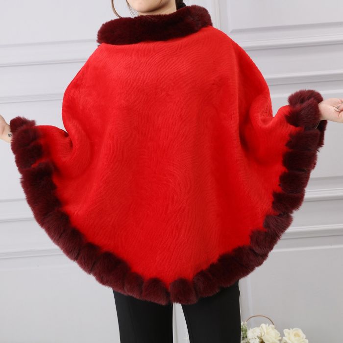 Faux Fur Poncho with Fluffy Faux Fur Edging - Vz Collection