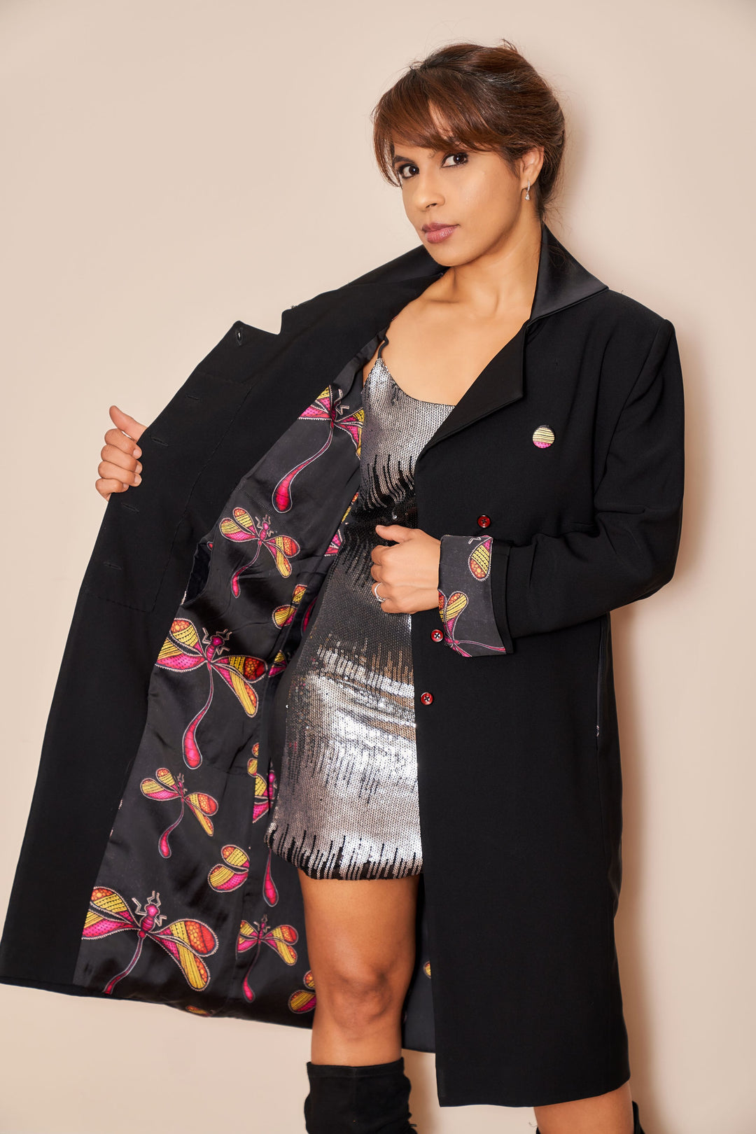 Black Dragonfly Knee Length Jacket - Vz Collection