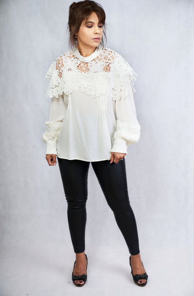 Long Sleeve Crepe Silk Top with French Lace - Vz Collection
