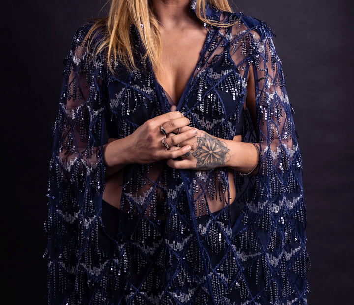 Navy Hand Embellished Tulle Couture Cape - Vz Collection