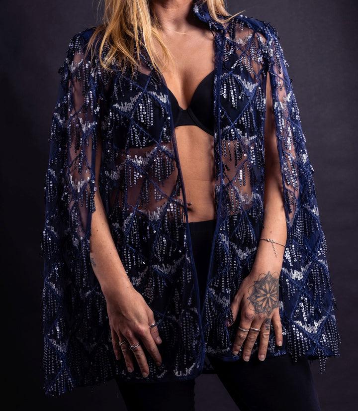Navy Hand Embellished Tulle Couture Cape - Vz Collection
