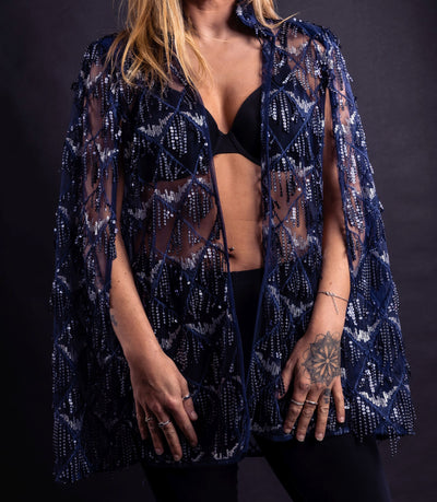 Navy Hand Embellished Tulle Couture Cape - Vz Collection