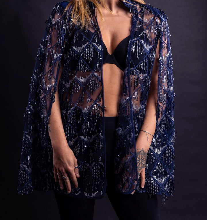Navy Hand Embellished Tulle Couture Cape - Vz Collection