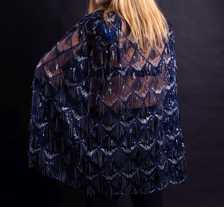 Navy Hand Embellished Tulle Couture Cape - Vz Collection