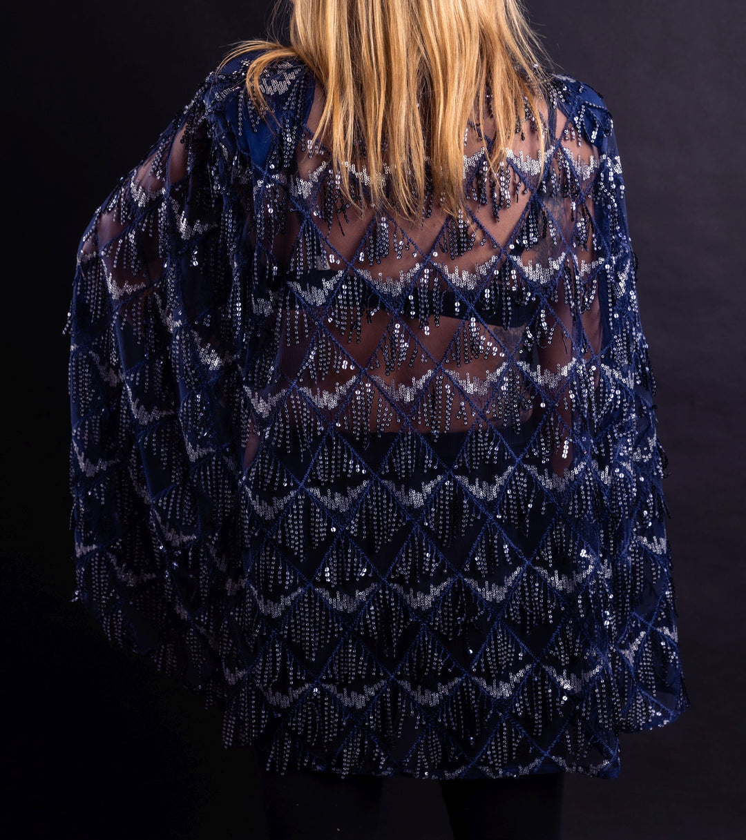 Navy Hand Embellished Tulle Couture Cape - Vz Collection