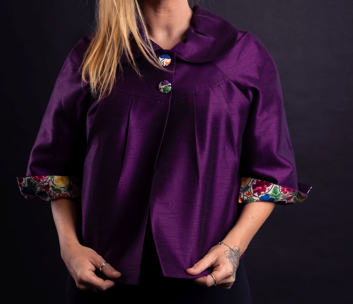 Peter Pan Collared Short Butterfly Pattern Jacket - Vz Collection