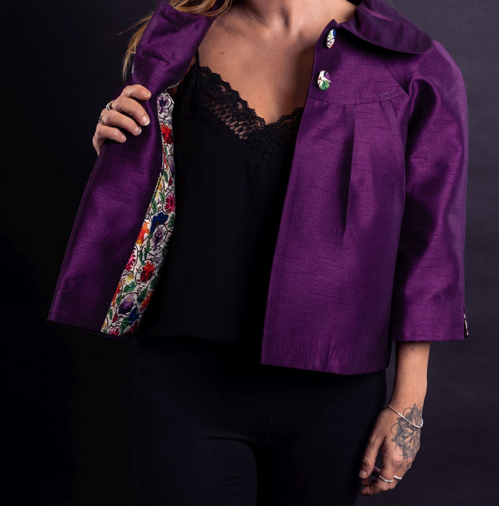 Peter Pan Collared Short Butterfly Pattern Jacket - Vz Collection