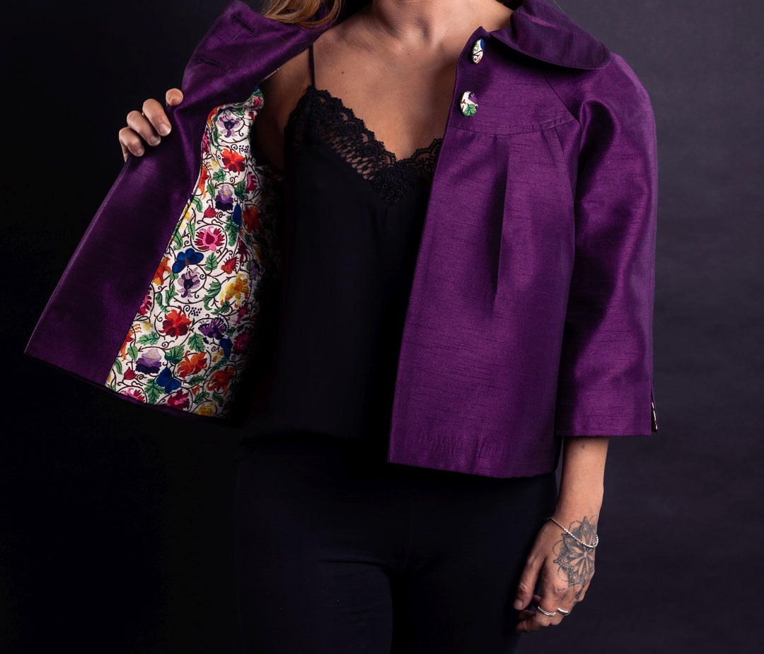 Peter Pan Collared Short Butterfly Pattern Jacket - Vz Collection
