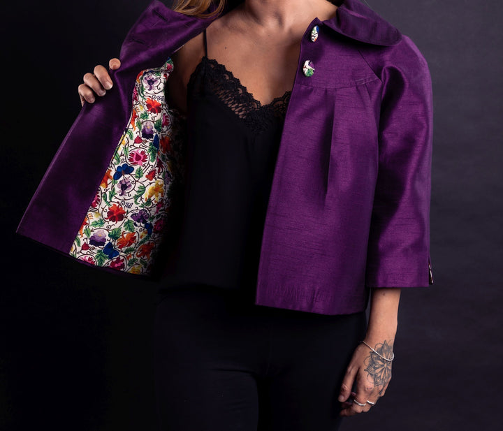 Peter Pan Collared Short Butterfly Pattern Jacket - Vz Collection