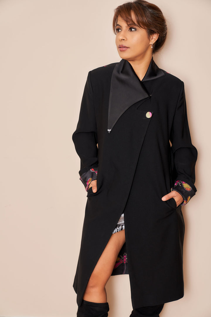 Black Dragonfly Knee Length Jacket - Vz Collection