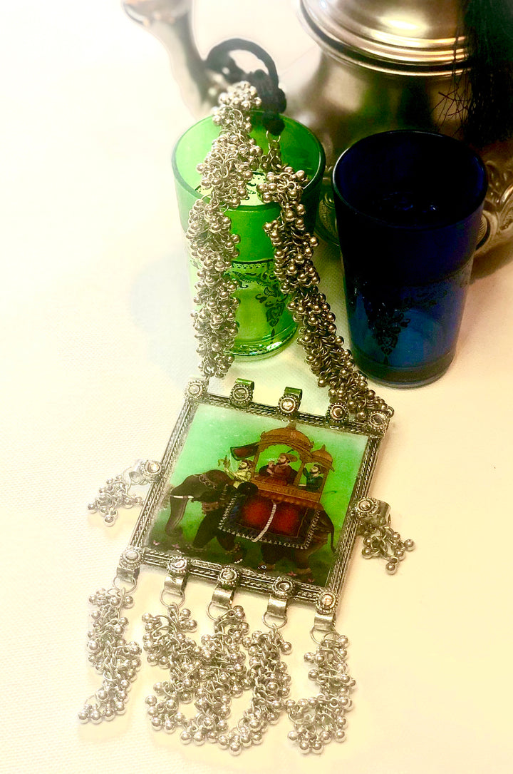 Mughal King on an Elephant Print Long Necklace - Vz Collection