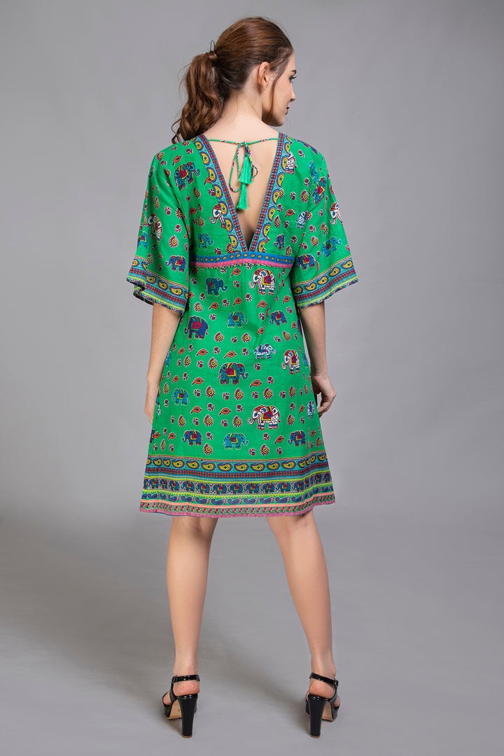 Green Elephant Print Dress - Vz Collection