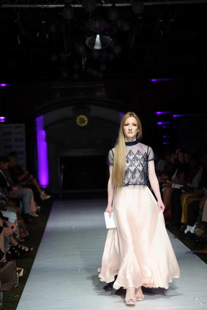 Pink Satin Silk Dress with Navy Bolero - Vz Collection