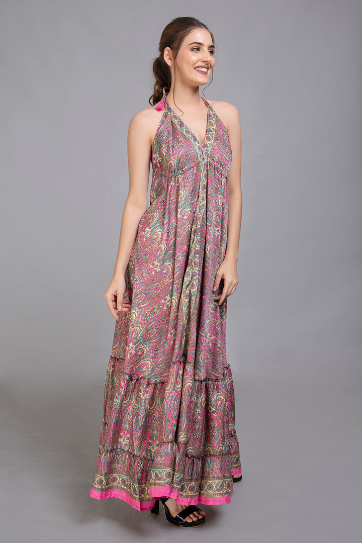 Upcycled Indian Silk Saree Long Bohemian Dress - Vz Collection