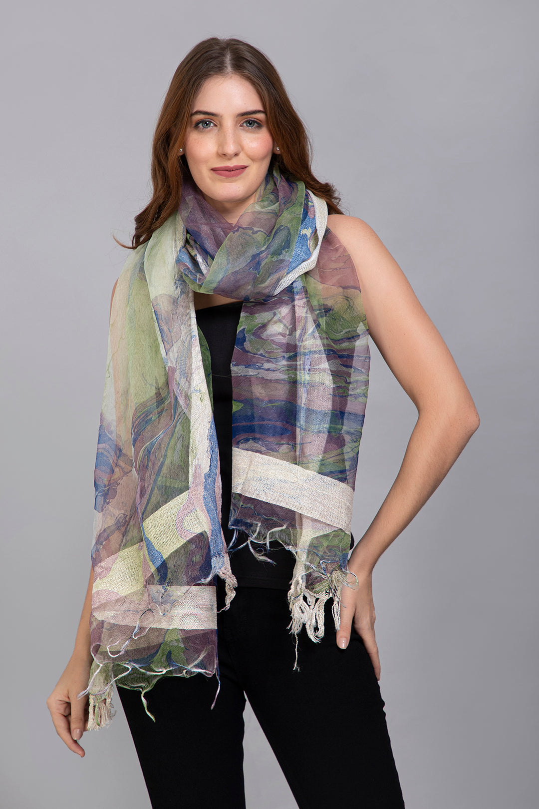 Marble Dying on Handwoven Organza Silk Scarf - Vz Collection