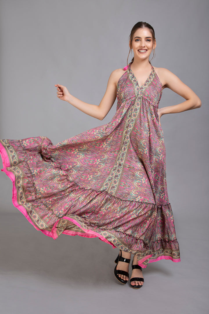 Upcycled Indian Silk Saree Long Bohemian Dress - Vz Collection