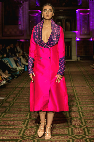 Hot Pink Silk Jacket with Digital Print Velvet Collar and Cuffs - Vz Collection