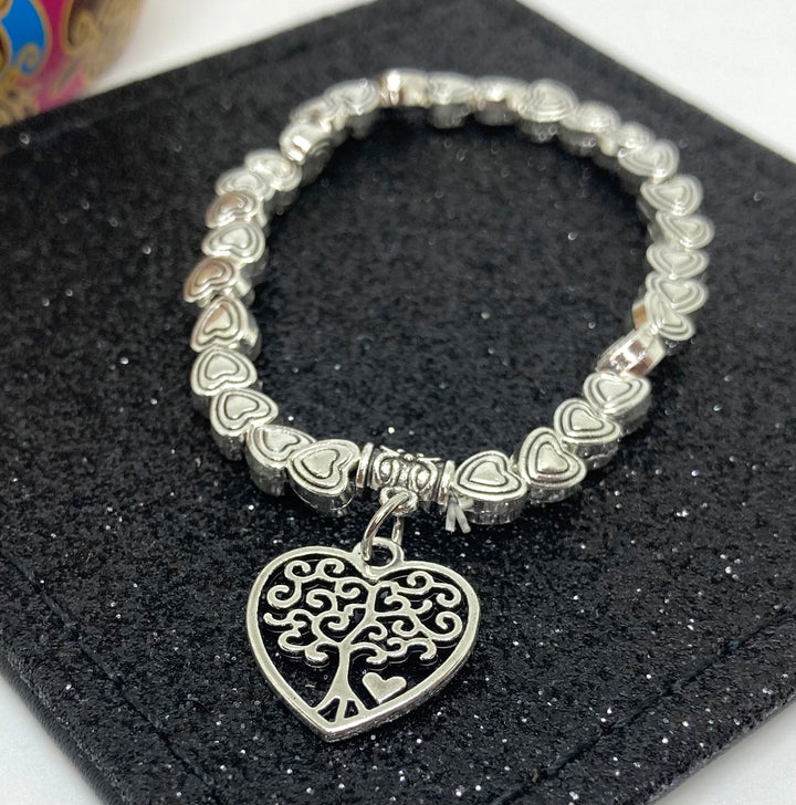 Heart Shaped Mulberry Charm with Heart Shaped Beads Elasticated Bracelet - Vz Collection